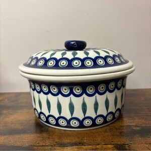 Polish Pottery Peacock Round Baker with Lid